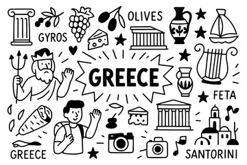 Greece travel doodle set with Santorini, Parthenon, olives, feta, gyros, and ancient culture icons, Transparent Background