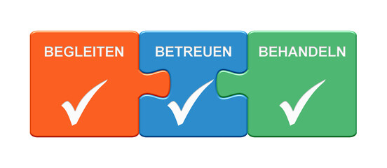 Bunte Puzzle Buttons: Begleiten, Betreuen, behandeln