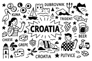 Croatia travel doodle set with Dubrovnik, Plitvice Lakes, Zagreb, Pula, cevapi, burek, and Adriatic culture icons, Transparent Background