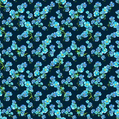 Fashion floral seamless pattern of branches watercolor delicate blue flowers drawn by hand on a dark blue background. Repeating pattern.