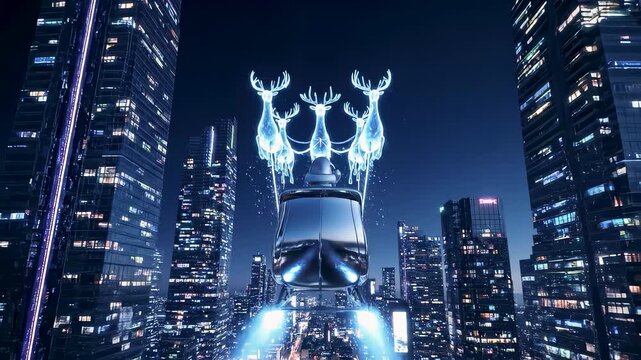 Futuristic Santa Sleigh and Holographic Reindeer Flying Between Modern Skyscrapers, FPV Drone View of Christmas Delivery in a Cyber City