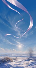 Winter landscape, ribbon floats in sunny, cloudy blue sky
