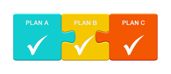 Bunte Puzzle Buttons: Plan A, Plan B, Plan C