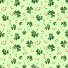 Seamless pattern with clover leaves and coins. Hand-drawn watercolor illustration. For St. Patrick's Day. Used for backgrounds, textiles, wrapping paper, packaging, holiday decor, and more.