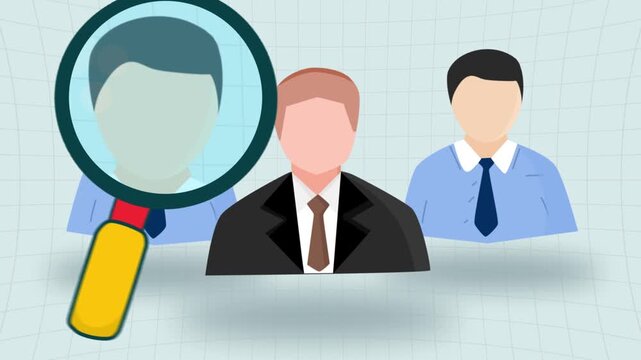 Recruitment concept illustration showing magnifying glass selecting candidate from group of business professionals