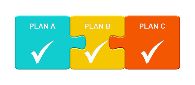Bunte Puzzle Buttons: Plan A, Plan B, Plan C
