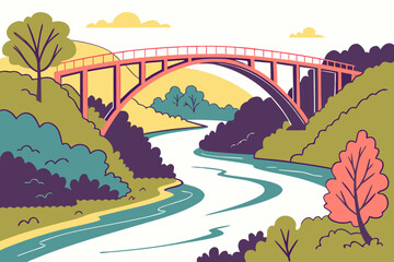 Fototapeta premium A scenic river with a coral bridge and colorful trees