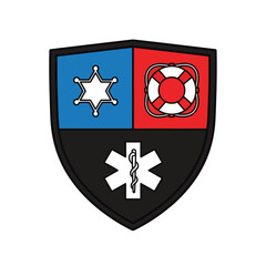 Vector art of shield emblem with star, lifebuoy, and medical symbol, representing law enforcement, lifeguard services, and emergency medical care