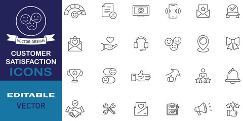 Customer satisfaction editable line icon set. Set of 24 icons related to review, rating, dislike, feedback, experience, client satisfaction and more outline symbol collection. Vector illustration.