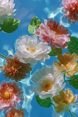 Colorful flowers floating on rippled water, viewed from below