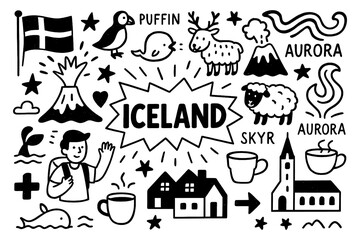 Obraz premium Iceland travel doodle set with volcano, geyser, hot springs, puffin, sheep, horse, and glacier icons, Transparent Background