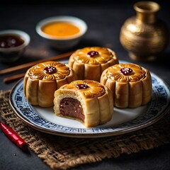 Delicious traditional Mid autumn dessert arrangement moon cake