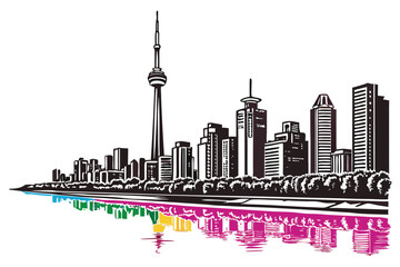 Obraz premium Black and white city skyline with colorful water reflection