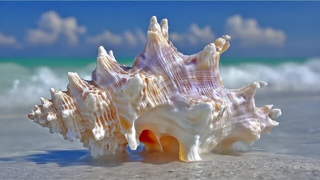 Detailed close up of a large conch shell on a sandy beach background