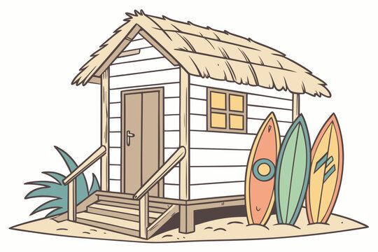 Beach shack with colorful surfboards on sand tropical