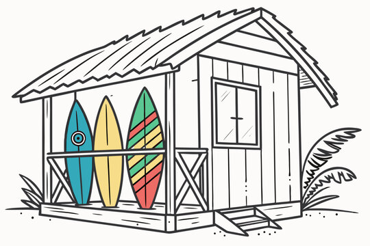 Beach shack with colorful surfboards vector illustration