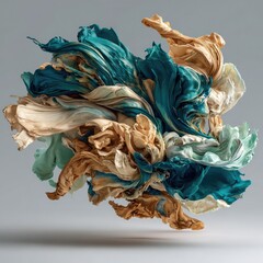 Abstract, swirling forms of fabric in teal, beige, and mint green