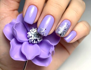 Close-up of manicured nails with purple glitter