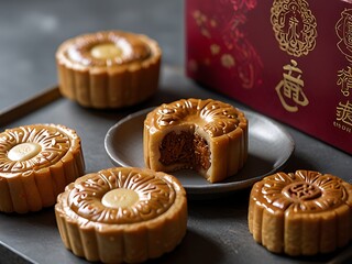 Delicious traditional Mid autumn dessert arrangement moon cake