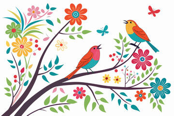 Colorful birds and flowers on tree branches nature