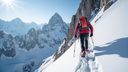 Hiker ascends snowy mountain trail, surrounded by majestic peaks and bright sunlight. scene captures thrill of adventure and beauty of nature