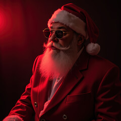 Festive Santa Claus in red suit and sunglasses, exuding cool vibe against dark background