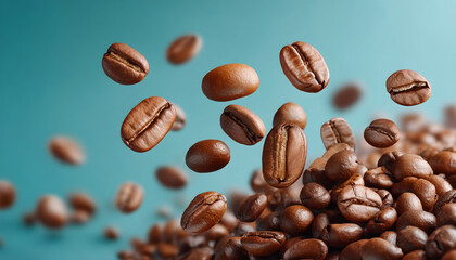 Obraz premium Fresh coffee beans floating above pile, showcasing their rich texture and color against soft blue background, evoking sense of gourmet delight