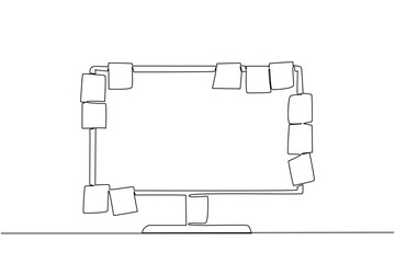Single one line drawing a monitor with lots of memo paper stuck to the sides. Important information for multiple accounts. Manual. Shared notes. Memo Day. Continuous line design graphic illustration