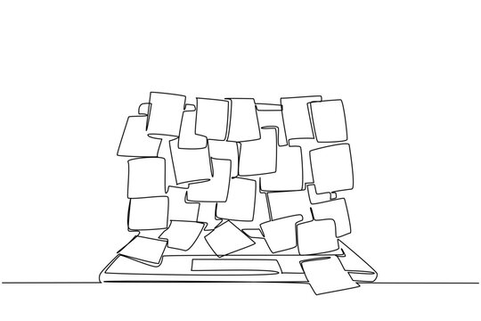 Single continuous line drawing laptop screen surface covered with lots of memo papers. Important sticky notes manual. Many deadlines. Information National Memo Day. One line design vector illustration