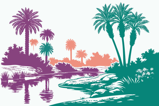 Colorful desert oasis with palm trees and water reflections