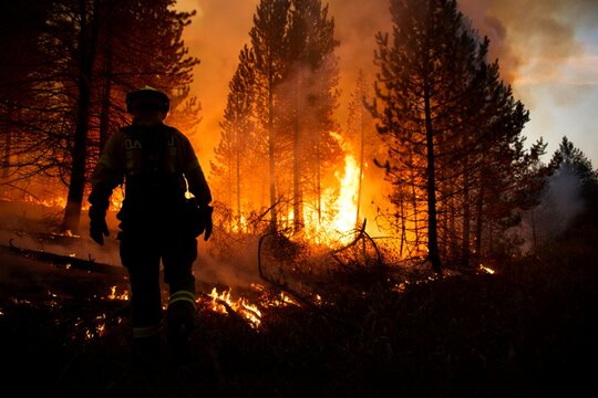 Determined firefighter confronts a raging forest wildfire at dusk, their silhouette against the destructive inferno symbolizing the intense battle to control nature's powerful blaze