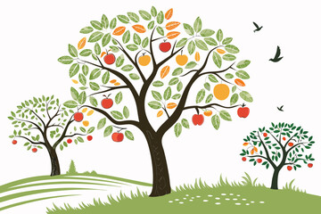 Fototapeta premium Colorful fruit trees with birds flying over green hills