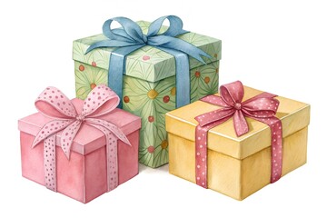 Fototapeta premium Three watercolor gift boxes with ribbons isolated on a white background