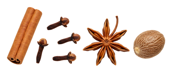 Aromatic Whole Spices Collection Cinnamon Sticks, Cloves, Star Anise, and Nutmeg isolated on transparent cutout background, cut out, png