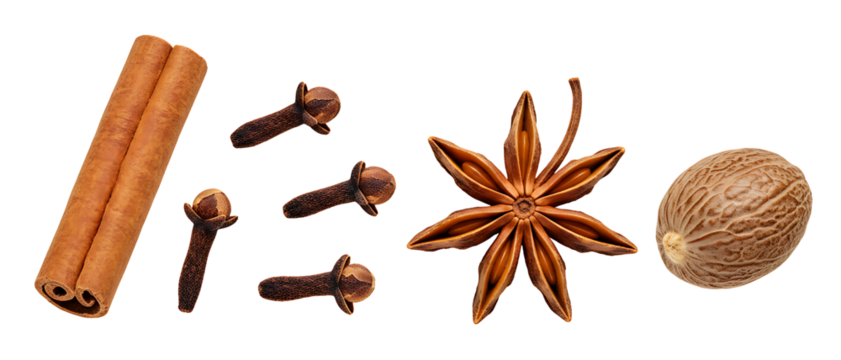 Aromatic Whole Spices Collection Cinnamon Sticks, Cloves, Star Anise, and Nutmeg isolated on transparent cutout background, cut out, png - Powered by Adobe
