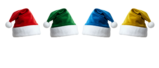 Colorful Christmas Santa Hats in a Row isolated on transparent cutout background, cut out, png