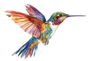 Fototapeta premium A vibrant watercolor painting of a hummingbird in flight, isolated on transparent background, showcasing a blend of colors and intricate details in its plumage