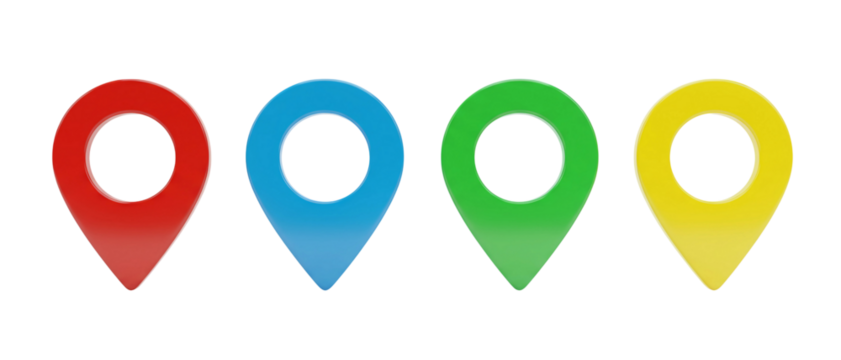Colorful Map Location Pins Set for Navigation and Geographic Marking isolated on transparent cutout background, cut out, png