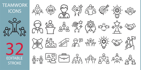 Teamwork line icons set. Businessman outline icons collection. Work group and human resources. Business teamwork, human resources, meeting, partnership, meeting, work group, success - stock vector.