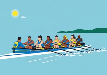 Synchronized rowing team gliding across water under sunny skies: a perfect harmony