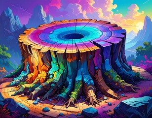 Vibrant colorful tree stump in a fantasy landscape