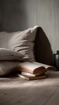 Minimalist cozy pillow book stack on wood floor with soft light and shadow creating calm mental wellness space for peaceful reading and relaxation