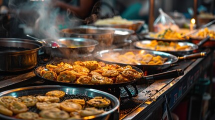 Thai dessert stall with Khanom Krok coconut pancakes cooking on a hot pan, traditional street food scene.
