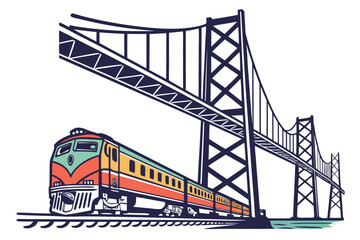 Colorful train travels across a suspension bridge transportation