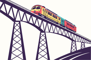 Colorful train on a tall purple bridge railway transportation
