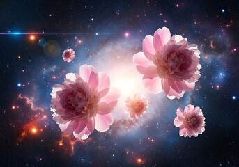 Celestial Bloom: Pink Peonies Floating in a Starry Galaxy A Dreamlike Cosmic Garden