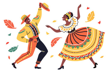 Couple dancing in traditional colorful costumes dance