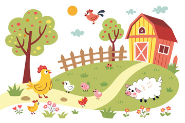 Cute farm animals and barn on a grassy hill sheep chickens