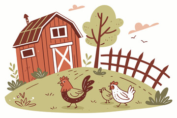 Cute farm scene with chickens and barn on a hill rooster © RABBY