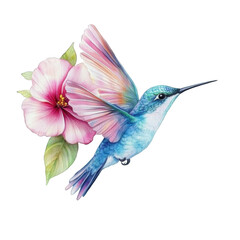 Hummingbird with pink hibiscus isolated on transparent background, a delicate watercolor painting capturing the birds vibrant colors and graceful flight